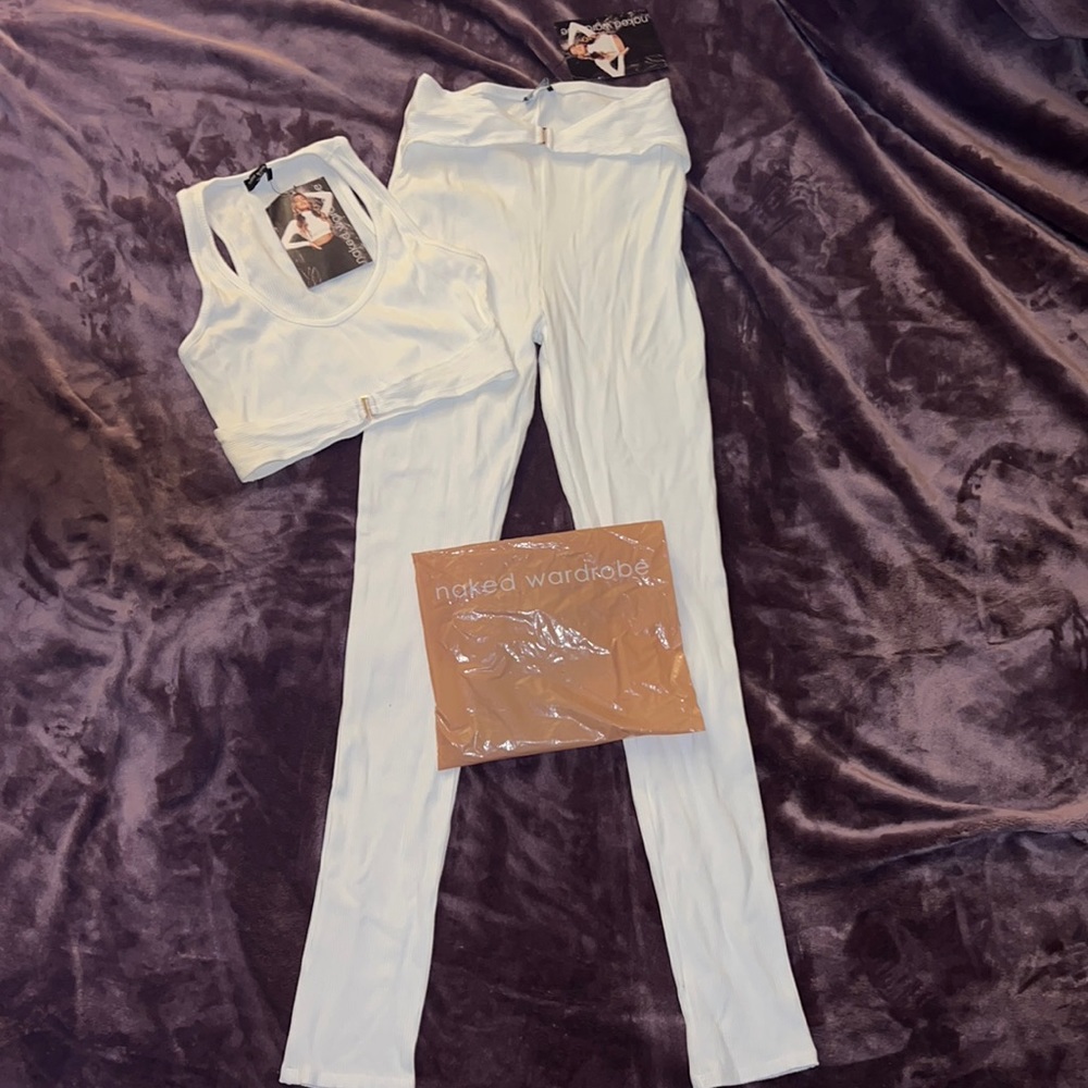 Naked Wardrobe all white pant set with tiny gold buckles
